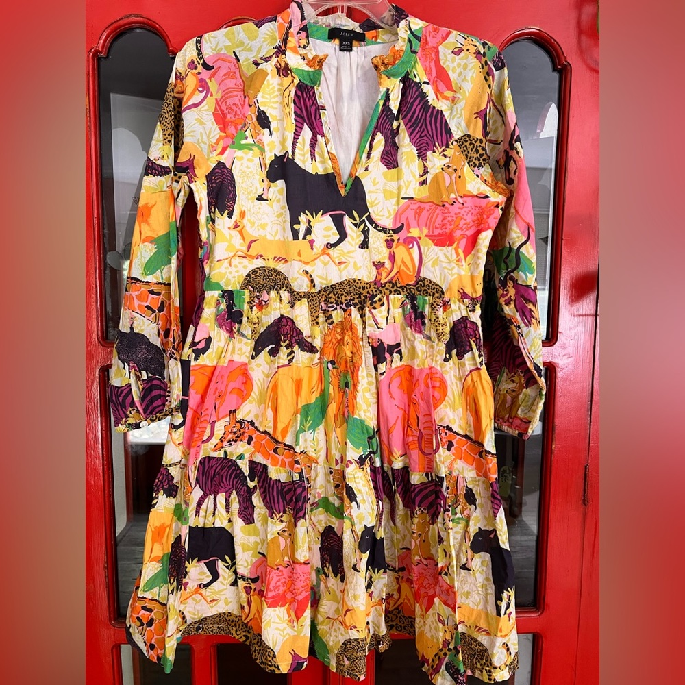 J. Crew 2020 tiered popover dress in Ratti safari print exotic animals L AP199